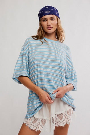 Free People All Love Stripe Pocket Tee Blissful Blue Combo
