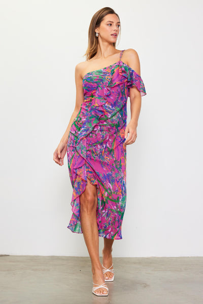 Magenta Multi One Shoulder Dress