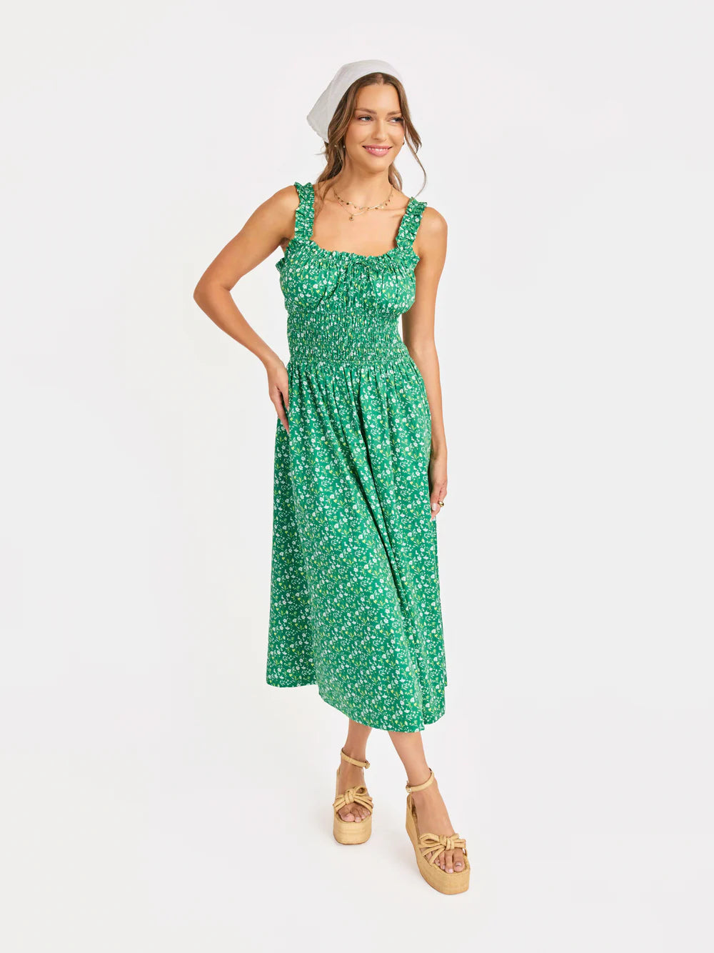 Sun Escape Shirred Waist Midi Dress Kelly Green Multi Simply Couture Boutique Sun Escape Shirred Waist Midi Dress Kelly Green Multi Simply Couture Boutique