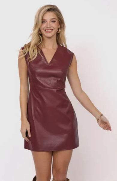 Burgundy V Neck Faux Leather Dress