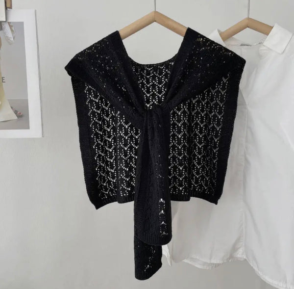 Elegant Solid Color Openwork Knit Shawl Wrap Black