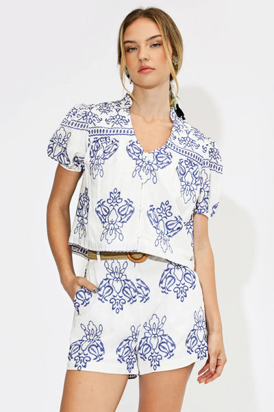 White/Blue Embroidered Short Sleeve Top
