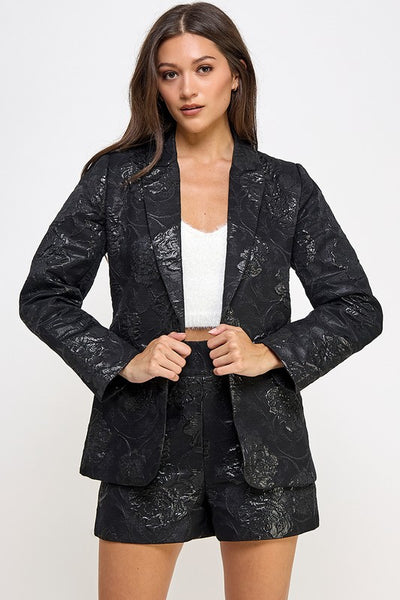 Black Notched Collar Embossed Blazer