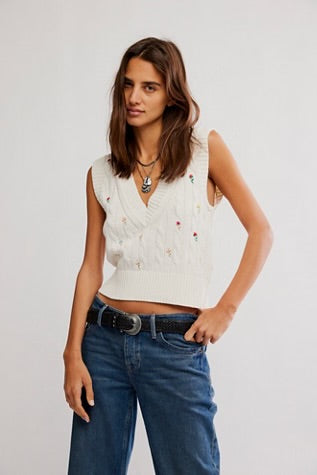Free People Plumeria Floral Vest Ivory