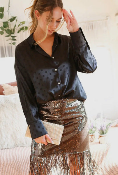 Black LS Dot Print Satin Blouse