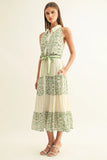 Green Multi Mixed Media Flared Midi Skirt