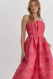 Hot Pink Embroidered Strapless Midi Dress