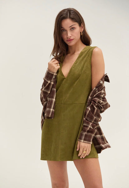 Olive V Neck Suede Shift Mini Dress
