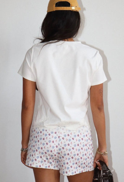 Off White Lace Trim Short Sleeve Top