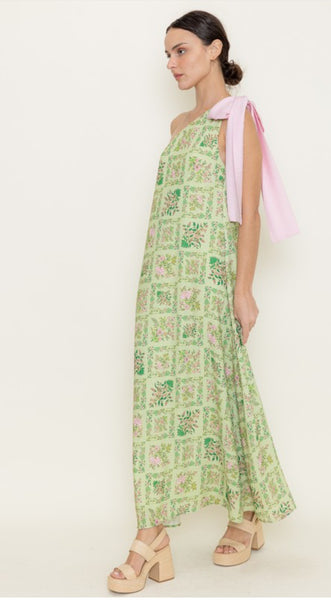 Floral print single shoulder sleeveless maxi dress