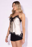Champagne Lace Trim Asymmetrical Hem Top