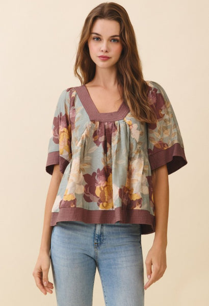 Sage Floral Print Wide  Contrast Trim Smocked Back Top