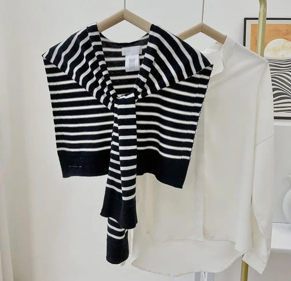 Cozy Knitted Striped Shawl Wrap Black