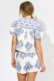 White/Blue Embroidered Short Sleeve Top