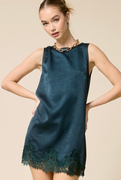 Evergreen Lace Trim Sleeveless Mini Dress