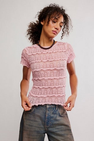 Free People Angelina Lace Tee Blushing Coral
