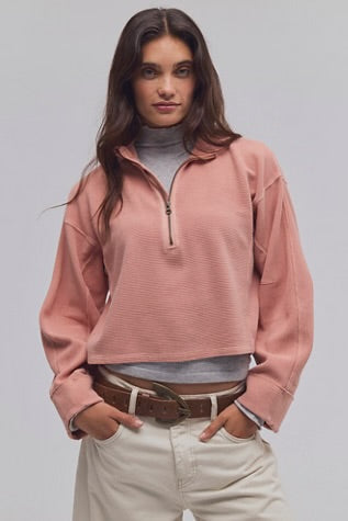 Free People Celeste Quarter Zip Coral Pink