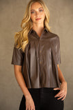 Brown Button Front Faux Leather Top