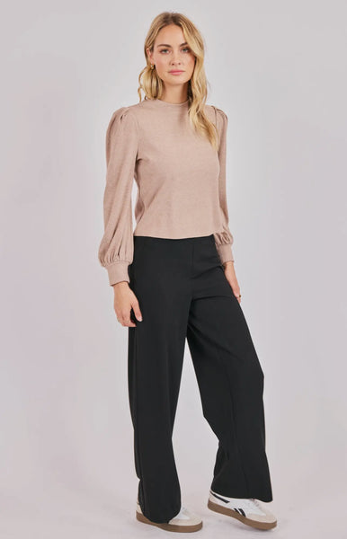 Oatmeal Mock Neck Balloon Sleeve Top