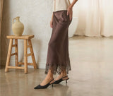 Brown Mixed Lace Midi Skirt