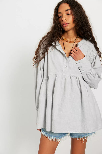 Free People Alana Linen Tunic Blue & White Combo