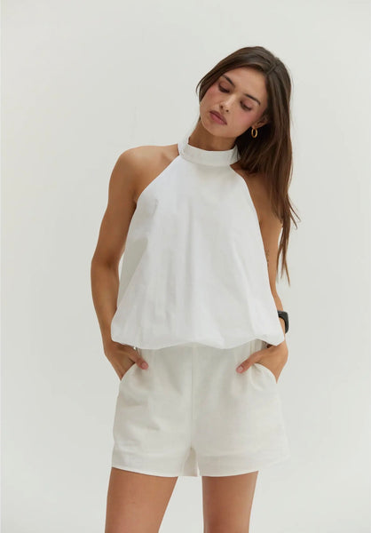 White Bubble Hem Poplin Halter Top