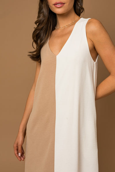 Taupe-White Color Block Midi Dress