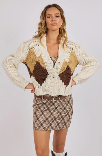 Ivory Multi Celine Diamond Chunky Knit Cardigan