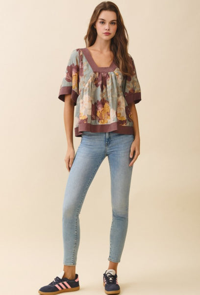 Sage Floral Print Wide  Contrast Trim Smocked Back Top