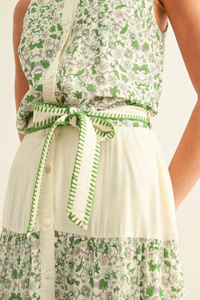 Green Multi Mixed Media Flared Midi Skirt