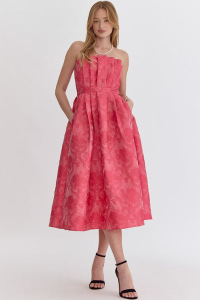 Hot Pink Embroidered Strapless Midi Dress