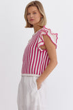 Hot Pink Stripe Sleeveless Ruffle Detail Top