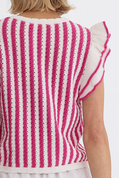 Hot Pink Stripe Sleeveless Ruffle Detail Top