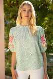 Green embroidery puff sleeve dotted top