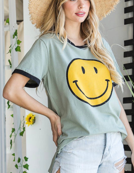 Sage Smiley Face Graphic Top