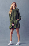 Olive Pintuck Pleated L/S Mini Dress