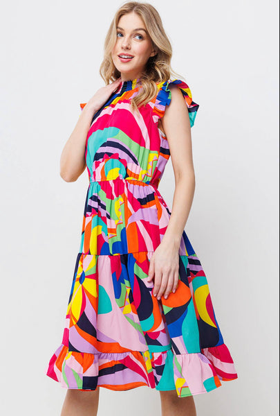 Multi Color Ruffled Sleeve Dress