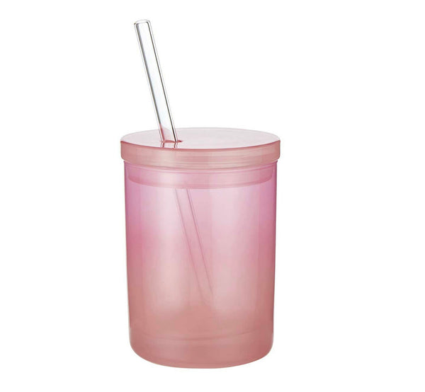 Coral Pink Glass w/lid & straw