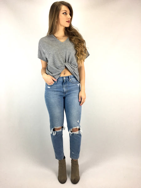 Grey Knit Tee Knot Front