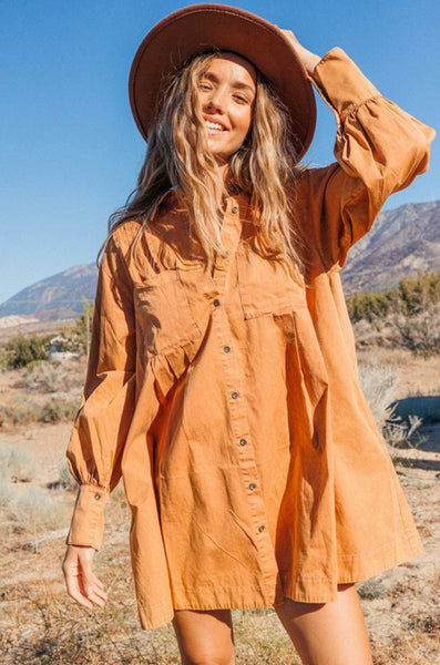 Camel/Rust L/S Pleated Shirt Dress