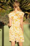 Orange Pleated Sleeve Tiered Floral Dress