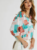 Red Printed 3/4 Sleeve Ruffle Top