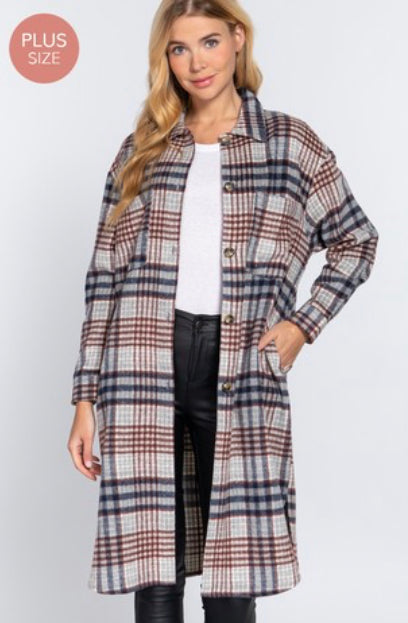 PLUS - Navy/Grey L/S Plaid Shirt Jacket