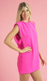 Hot Pink Shoulder Pad Sleeveless Dress