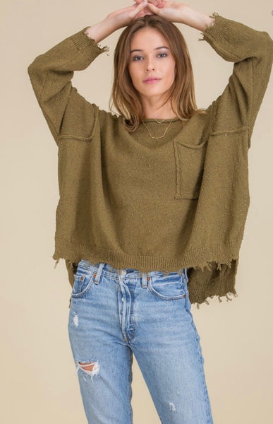 Olive Oversized Pocket Sweater