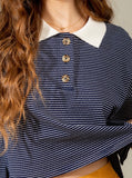 Navy Short Sleeve Collar Stripe Top